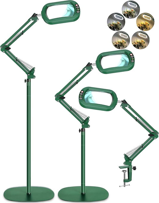 10X Rectangle Magnifying Glass with Light and Stand, 5 * 3 Inch Real Glass 5 Color Modes Stepless Dimmable LED Floor Lamp, 3-in-1 Large Lighted Magnifier for Reading Painting Craft Close Work - Green