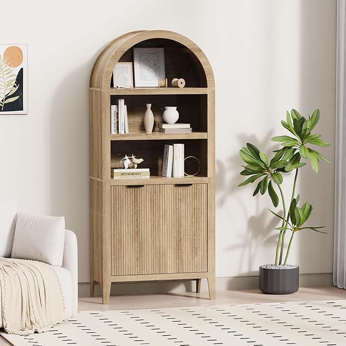 blini Arched Cabinet Bookshelf Oak Arch Bookcase with Doors, Wooden Curved Book Case 5-Tier Tall Round Top Bookshelves for Living Room
