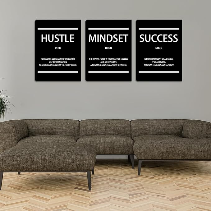 Hustle Mindset Success Wall Art, 12 x 16 Inch Motivational Canvas Wall Art for Living Room, Inspirational Quotes Painting Poster for Bedroom Classroom Meeting Room Office, Ready to Hang - 3pieces