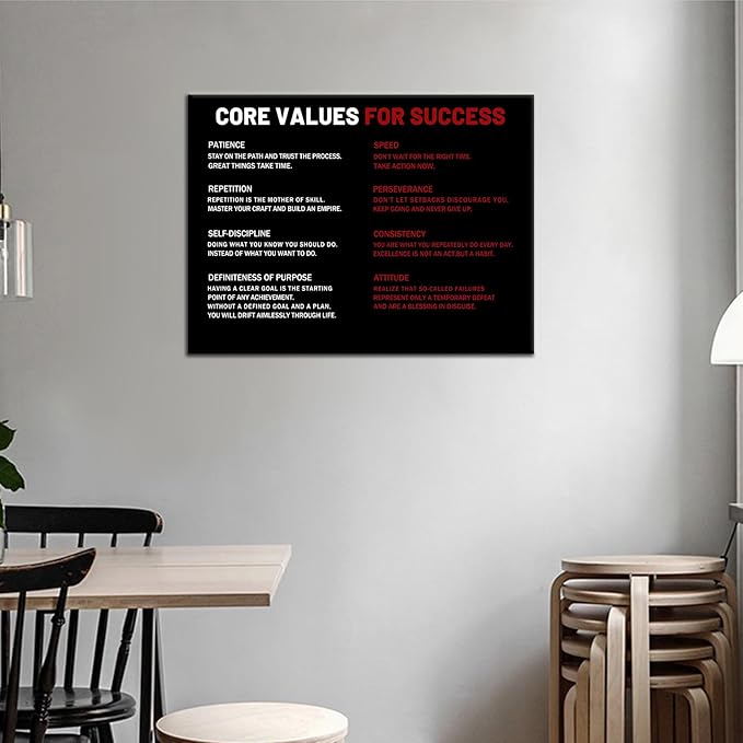 Core Values for Success Inspirational Wall Art Entrepreneur Quotes Motivational Poster Print White and Red Positive Painting Artwork Framed for Home Living Room Office Wall Decor [24''Wx18''H]