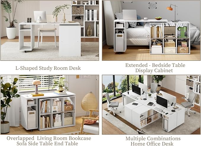 White L-Shaped Computer Desk Table with Charging Station–Small Study Writing Desk with Backless Storage Shelves, 67” Bedroom Side Table & 360°Rotating Desk