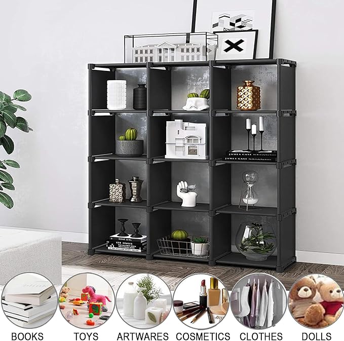 12 Cube Storage Organizer Book Shelves, DIY Open Stackable Bookshelf, Extra Large Plastic Bookcase Rack for Bedroom, Living Room, Home Office