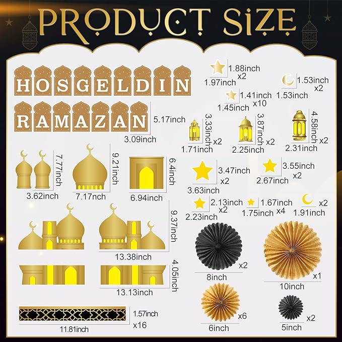 Ramadan Bulletin Board Decorations Set Hosgeldin Ramadan Classroom Decor with 3D Paper Fans Black Gold Mosque Eid Moon Star Lantern Cutouts for Wall Door Muslim Holiday Mubarak Eid Display