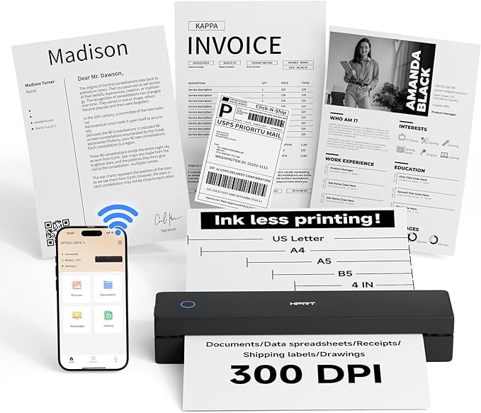 HPRT Portable Printer Wireless for Travel, Inkless Thermal Printer for iOS/Andorid/Laptop, 300DPI, Supports Thermal Paper & Labels,Supports 8.5"x 11"US Letter & A4, A5 for Office/Home/School/Vehicles