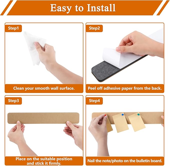 8Pcs Rectangle Felt Cork Board Bar Strips with 35 Pushpins, Self-Adhesive Bulletin Board Strips for Office School Home Wall Decor Stickers Memos Schedules Photos Display -Gradual Grey& Camel