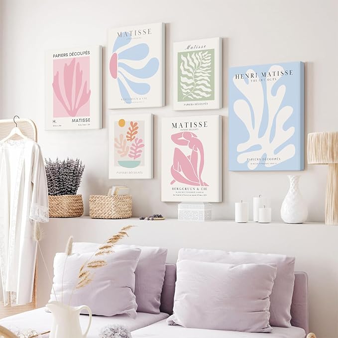 Henri Matisse Wall Art Prints Pink Blue Canvas Wall Decor Aesthetic Pictures Wall Art Danish Pastel Painting Henri Matisse Poster Trendy Artwork for Bedroom 12x16 Inch Wrapped Canvas Set of 6