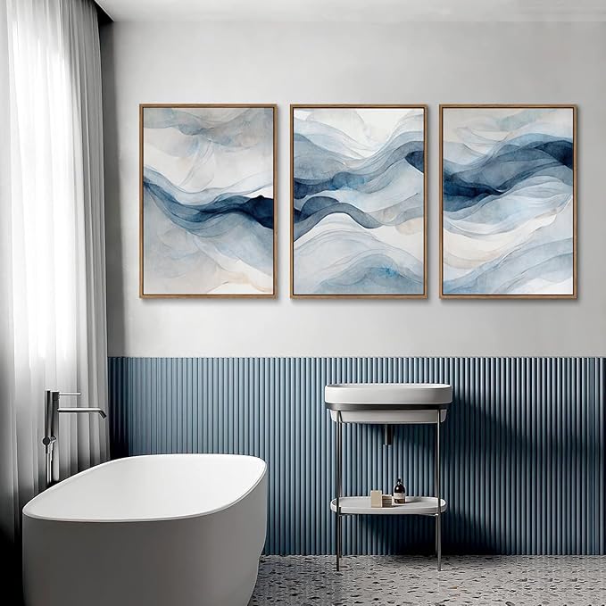 myusuar 3 Piece Large Abstract Framed Wall Art For Living Room, Smoke Texture Ink Navy Blue Canvas Wall Art Modern Minimalist Art Prints Wall Décor For Bedroom Office 16x24in
