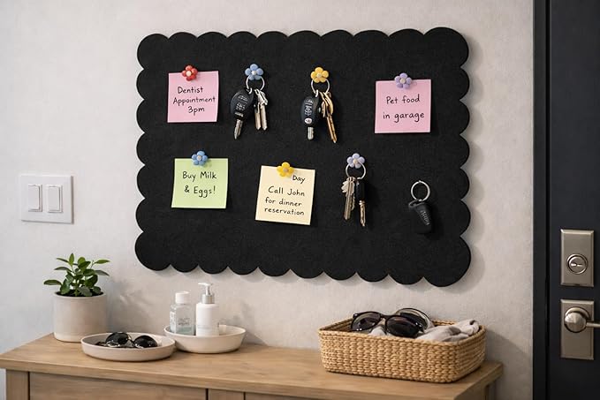 Scalloped Felt Bulletin Board 24x18 in, Thick PET Felt Pin Board, Heat-Pressed Flat, Self-Adhesive Mount, Push Pin Friendly Photo/Card Display for Home, Office, Crafts, Planning, Jewelry (Black)