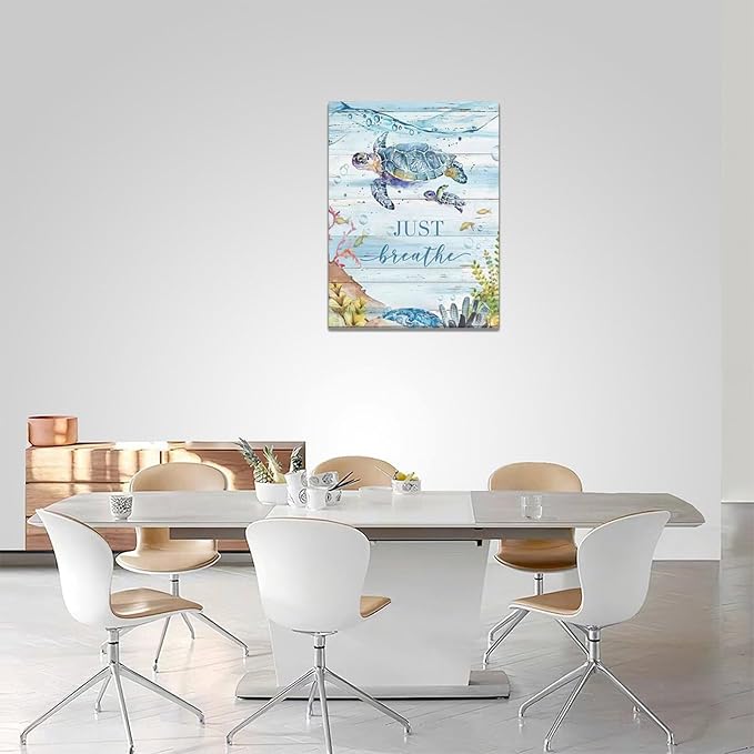 Ocean Sea Turtle Wall Art Nautical Just Breathe Pictures Wall Decor Beach Seaweed Canvas Coastal Painting Modern Artwork Home Decoration for Bathroom Living Room Bedroom Office Framed 12"x16"