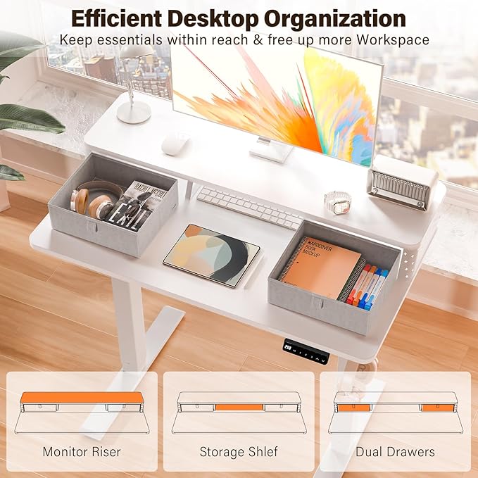 Kingant 40 x 24 Inch Small Electric Standing Desk with Dual Drawers, Height Adjustable Sit to Stand Computer Desk with Storage Shelf and C-Clamp Mount Compatibility for Home Office, White