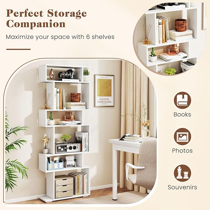 Giantex 6-Tier Geometric Bookshelf, S-Shaped Bookcase with 2 Anti-Tipping Kits, Wooden Display Shelf, Decorative Storage Shelving Unit, Home Storage Organizer for Office Living Room (1,White)