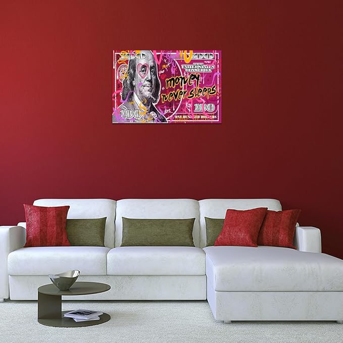 100 Dollar Bill Wall Art Canvas Print and Graffiti Poster Inspirational People Cash Benjamin Franklin Art Modern Home Decoraction, Stretched & Framed 24"W x 36"H