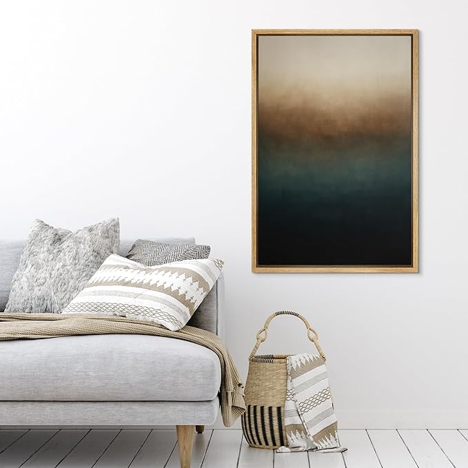 SIGNFORD Framed Canvas Print Wall Art Vertical Ombre Gradient in Beige Brown Teal and Black Illustrations Modern Art Decorative Relax/Zen Nordic for Living Room, Bedroom, Office - 16"x24" Natural