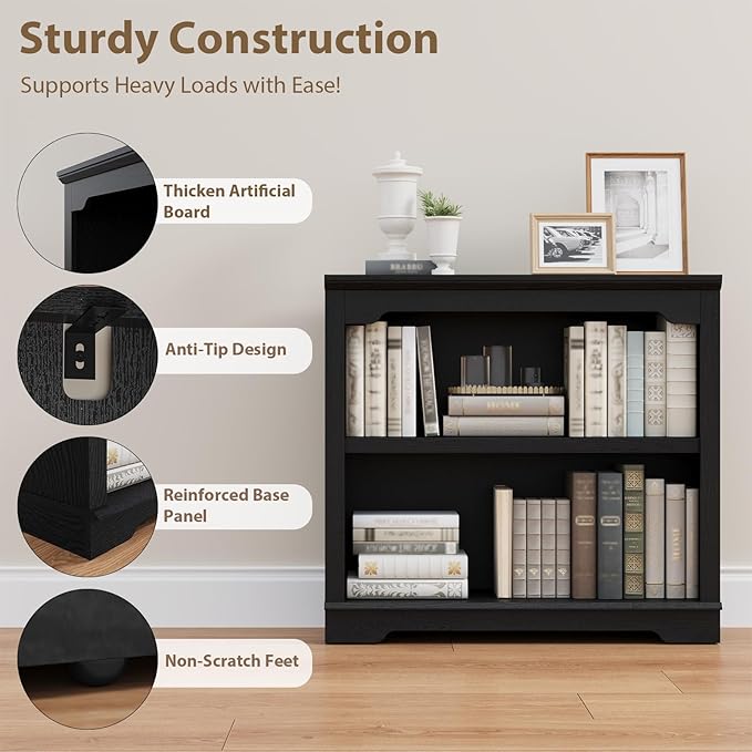 HIFYOBRO 2 Tier Bookshelf, 31.5" Wide Wooden Bookcase, 25.8" Tall Book Shelf, Freestanding Open Display Storage Bookshelves for Study Room, Home Office, Living Room (Black, 2-Shelf)