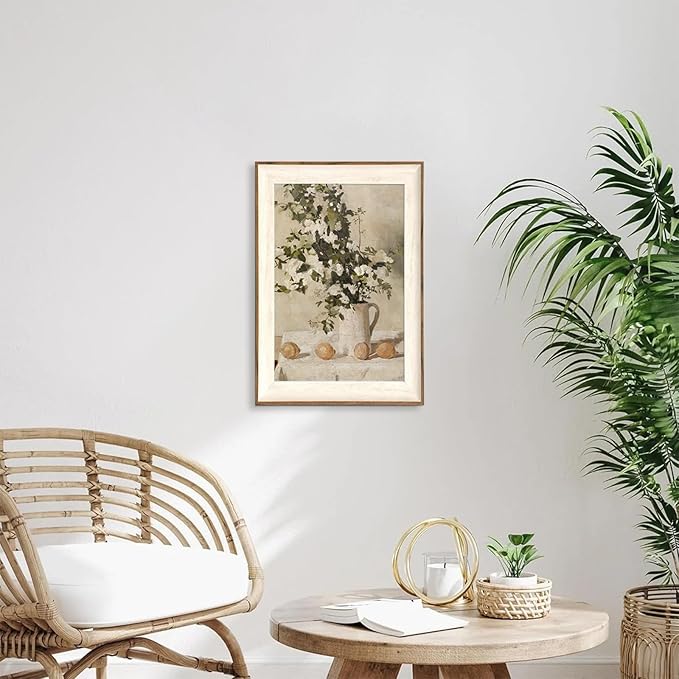 ASTRDECOR Framed Vintage Wall Art, Farmhouse Wall Decor White Flowers Canvas Oil Painting, Vintage Kitchen Decor Floral Wall Art Lemon Botanical North Art Prints for Kitchen Bedroom - 16''x 24''