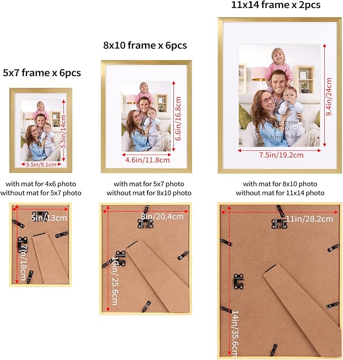 Giftgarden 14 Pack Gold Picture Frames with Mat for Various Sizes Photos, Assorted Matted Frame Set Including Two 11x14, Six 8x10, Six 5x7, Gallery Frame Collage for Wall or Tabletop Display