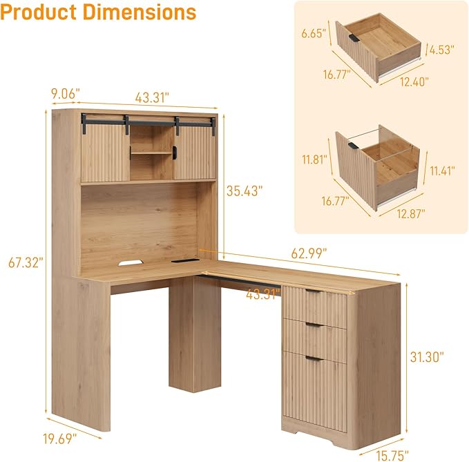 68" L Shaped Fluted Desk with Hutch,Office Table with 3 Drawers and Sliding Doors, Executive Desk with File Drawers and Charging Station,Light Strips, Wood Workstation for Home Office,Oak