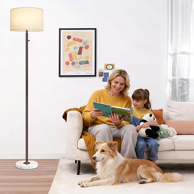 Floor Lamps for Living Room–LED Bulb Included,Dimmable Floor Lamp with Linen Shade,Modern Standing Lamp with Marble Base,Tall Floor Lamp for Bedroom,Nursery,Reading & Office,Brown