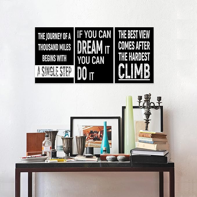 3 Piece Inspirational Wall Art, Black Background Sayings Picture, Quotes Motivational Canvas Prints for Gym Wall Decor, Triptych Entrepreneur Painting Framed Artwork for School Decor (36"Wx24" H)