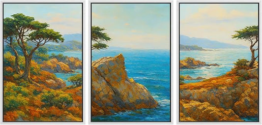 SIGNFORD Framed Wall Art Print Set Bright Coastal Cliffs and Ocean View Vibrant Seascape Digital Art Modern Art Contemporary for Living Room, Bedroom, Office - 16"x24"x3 White