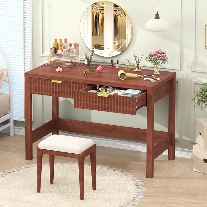 Fluted Computer Desk with 2 Drawers, 39 Inch Small Computer Desk with Storage, Compact Writing Study Desk for Small Spaces, Red Walnut