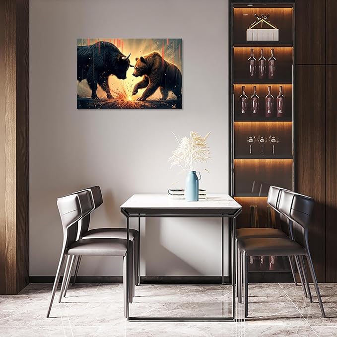 Trendy Bull And Bear Confrontation Wall Art Funny Bull And Bear Stock Market Canvas Posters Funny Animal Prints Painting For Office Living Room Wall Decor 24x36in Framed