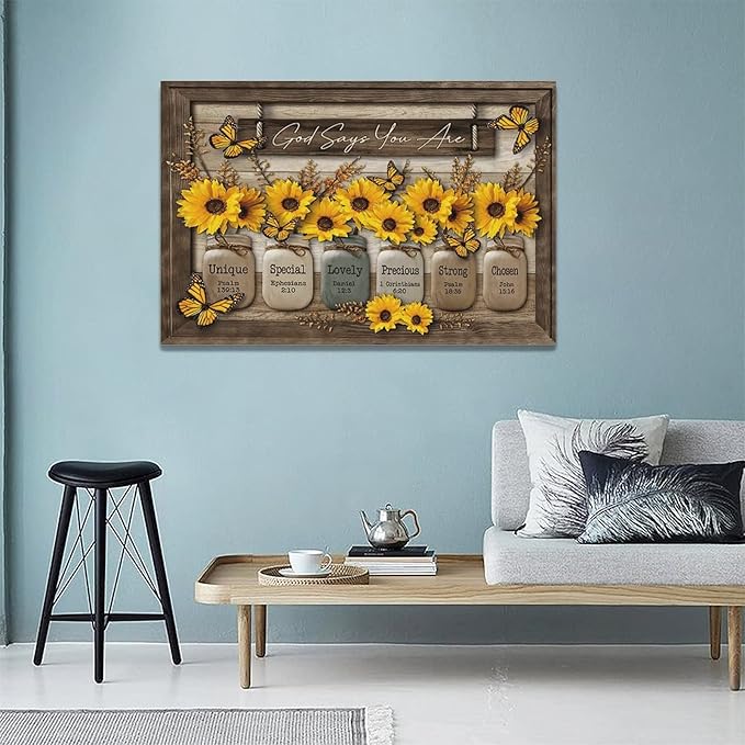 Christian Sunflower Wall Art Rustic Sunflower Butterfly Pictures Wall Decor Country Bible Verse Canvas Painting Modern Home Artwork Decoration for Bathroom Living Room Bedroom Office Framed 24"x16"