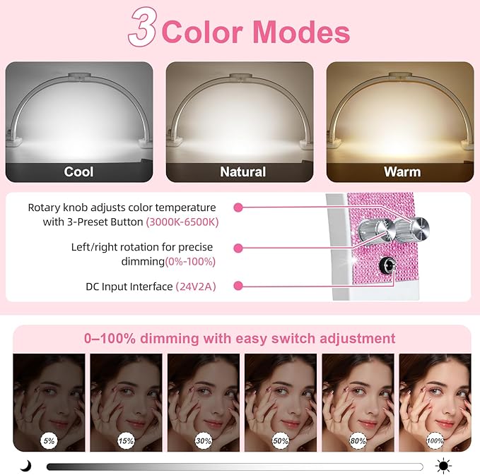 Half Moon Light for Nail Desk 31" Foldable LED Nail Desk Lamp with Phone Holder, Professional Nail Tech Light for Manicure & Beauty Studio