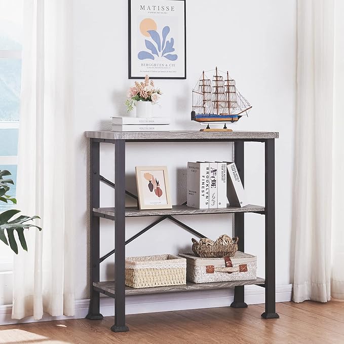 HOMBAZAAR 3 Tier Bookshelf,Grey Industrial Book Shelf,Engineered Wood and Metal Small Bookshelves,Low Shelf Bookcase for Living Room,Office,Bedroom and Kitchen