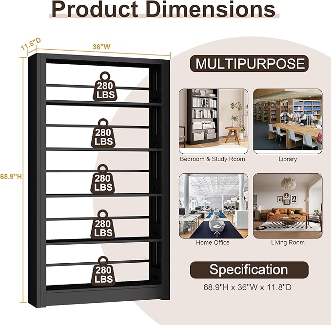 69" Tall Heavy-Duty Bookshelf, 5-Tier Metal Bookshelf with Adjustable Shelves, Open Shelf Bookcase, Tall Bookshelves for Home Office, Library, Bedroom, Including Book Stopper