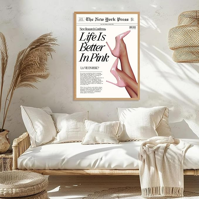 Trendy Baby Pink Hot Girl Poster Life Is Better In Pink Newspaper Wall Art Retro High Heel Picture 70s News Headline Canvas Prints Aesthetic Decor for Girly Bedroom Dorm 8x12inch Wood Color Framed