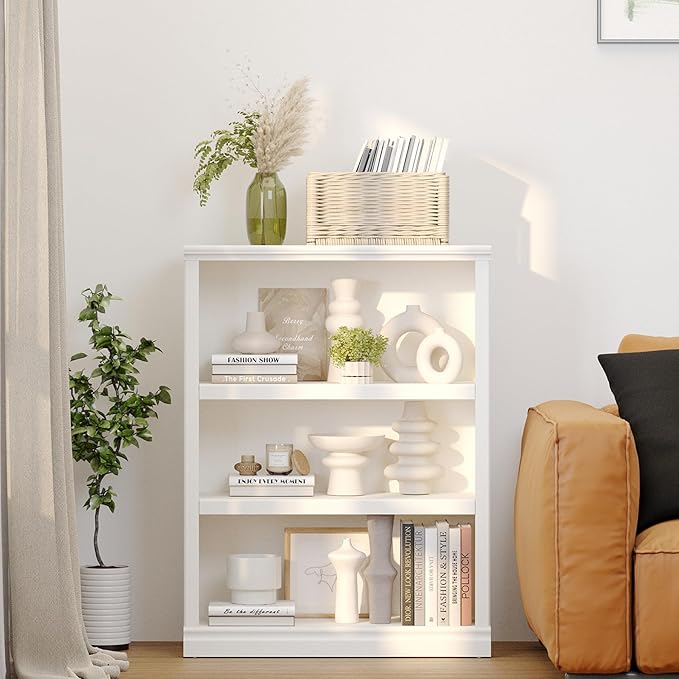 blini White Bookshelf and Bookcase Set of 2, Double Wide Large Bookshelves Wooden 3 Tier Tall Bookshelf with Storage Cabinets for Living Room, Home Office, Library (White, 3-Shelf)
