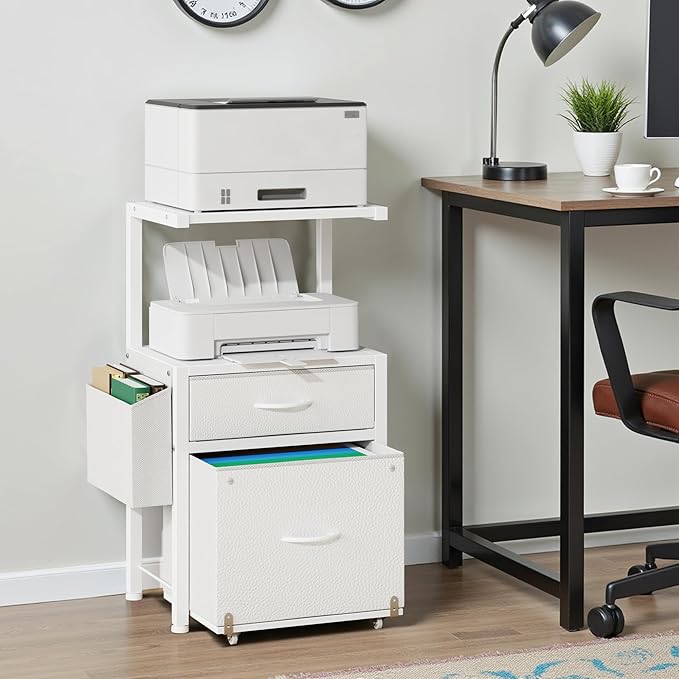 2-Drawer File Cabinet, Filing Cabinet with 2-Tier Printer Shelves, Office Cabinets with Side Bag&File Drawer for A4/Letter Size, Printer Stand with Storage for Home Office, White, 16.5" W