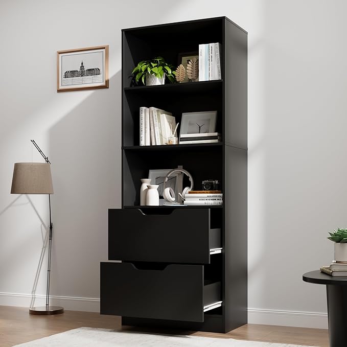 Bookcase with 2 Drawers, 63" 3-Tier Bookshelf with Storage, 3 Shelf Book Shelf with Adjustable Shelf, Modern Bookshelf, Open Shelves Bookcase for Study, Bedroom & Home Office, Black