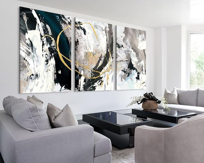 GIFTTWART Oversized Abstract Wall Art – Black White and Gold Canvas Painting with Textured Look for Living Room or Office Decoration