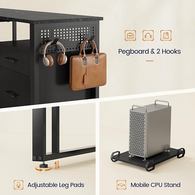 71 in Executive Desk with Power Outlets, Reversible L Shaped Desk with File Drawers & Storage Shelves, Large Office Desk Computer Desk with Pegboard, Mobile CPU Stand, Modern Corner Desk (Black)