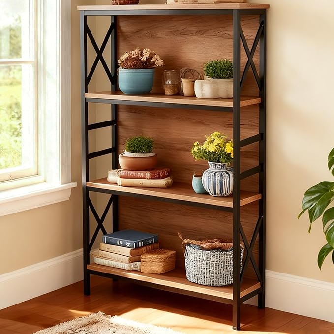Book Shelf,4-Tier Industrial Bookshelf with Strong Metal Frame & Backboard,29.5" Short Bookcase for Small Spaces, Living Room,Bedroom and Home Office,Brown