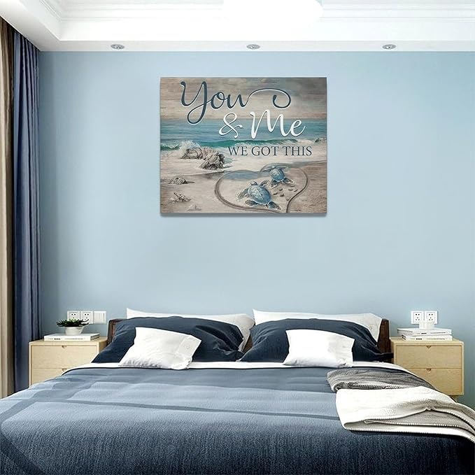 Beach Sea Turtle Bathroom Wall Art Coastal Turtle Love Pictures Wall Decor Ocean Nautical Canvas Seascape Painting Modern Artwork Home Decoration for Living Room Bedroom Office Framed 20"x16"