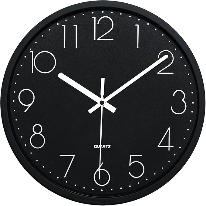 Plumeet Wall Clock, 12'' Bedroom Wall Clocks Battery Operated, Silent Quartz Clock Decorate Kitchen Living Room, 3D Numbers Display Easy to Read, Black