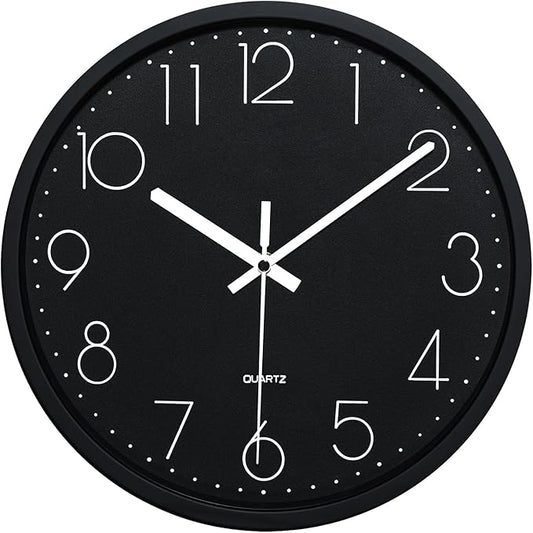 Plumeet Wall Clock, 12'' Bedroom Wall Clocks Battery Operated, Silent Quartz Clock Decorate Kitchen Living Room, 3D Numbers Display Easy to Read, Black
