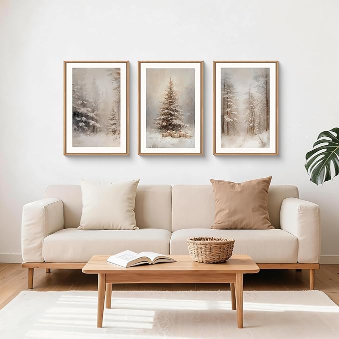 Retro Pine Tree Woodland Landscape Framed Canvas Wall Art Set,Modern Rustic Forest Scenery Wall Decor,Textured Natural Misty Botanical Artwork for Living Room, Bedroom,Farmhouse- 16"x24"x3