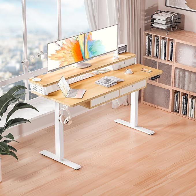 Kingant 55 x 24 Inch Electric Standing Desk with 4 Drawers, Height Adjustable Sit to Stand Computer Desk with Storage Shelf and C-Clamp Mount Compatibility for Home Office, Nature