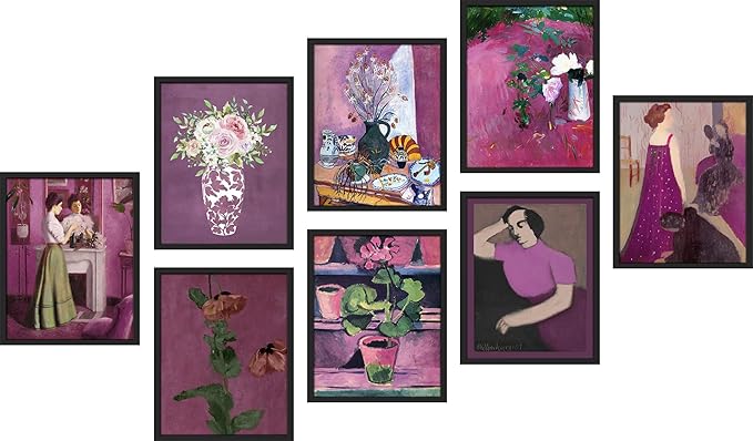 SIGNWIN Framed Poster Bathroom Decor 11"x14"x 8 Black, Wall Art Room Decor Multicolor for Living Room, Bedroom, Office Pink & Purple Female Portrait & Flowers Vintage Illustrations Bohemian