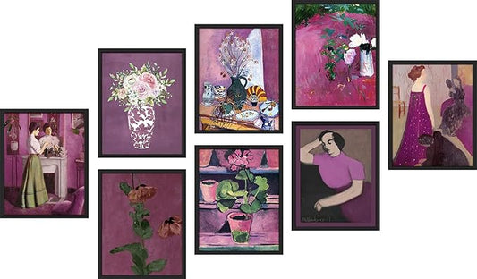 SIGNWIN Framed Poster Bathroom Decor, Wall Art Room Decor Multicolor for Living Room, Bedroom, Office Pink & Purple Female Portrait & Flowers Vintage Illustrations Bohemian - 12"x16"x 8 Black
