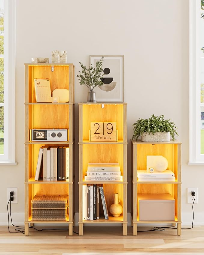 Bookshelf with LED Lights, Modern 4-Tier Bookcase, Open Storage Book Shelf, 11 × 14.2 × 50.4 Inches, Small Narrow Bookshelves for Living Room, Home Office, Bedroom, Natural
