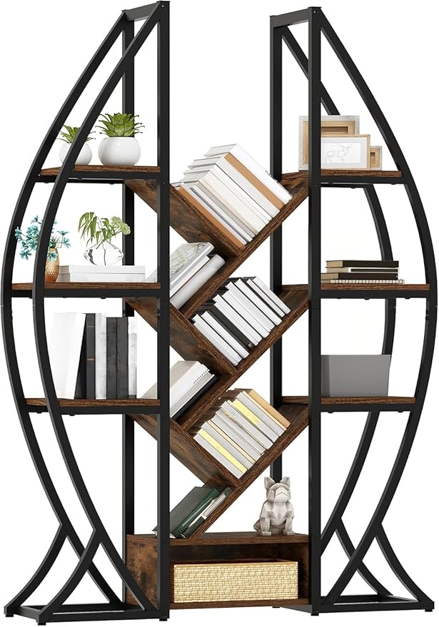 DWVO Oval Bookshelf, Triple Wide 5 Tier Etagere Bookcase, Industrial Display Shelves for Living Room, Bedroom, Home Office, Rustic Brown