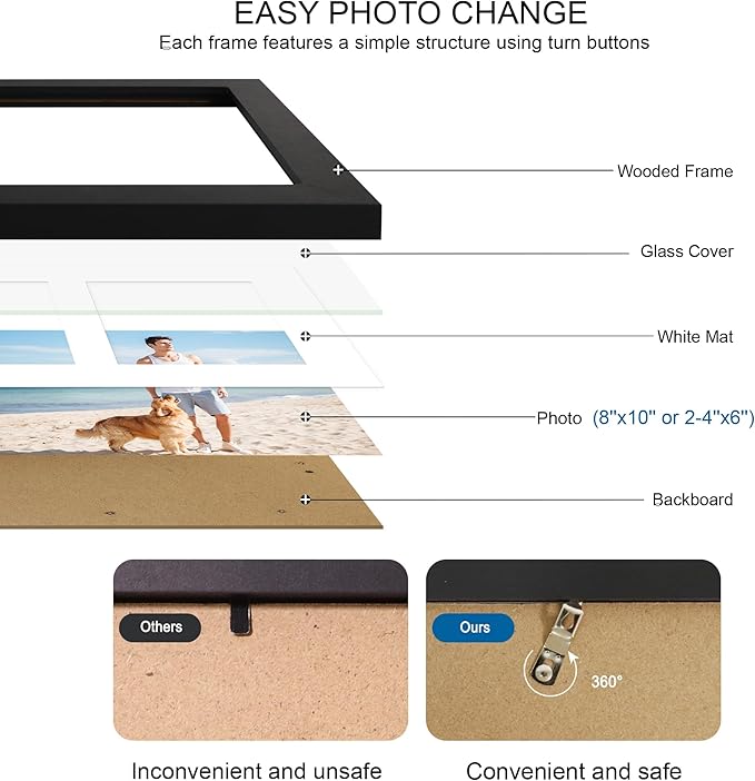 8x10 Picture Frame Set of 2, Black Wood Frame with Glass Collage Frame, Display Pictures Two 4x6 With Mat or 8 x 10 Without Mat - Horizontal or Vertical Wall Mounting