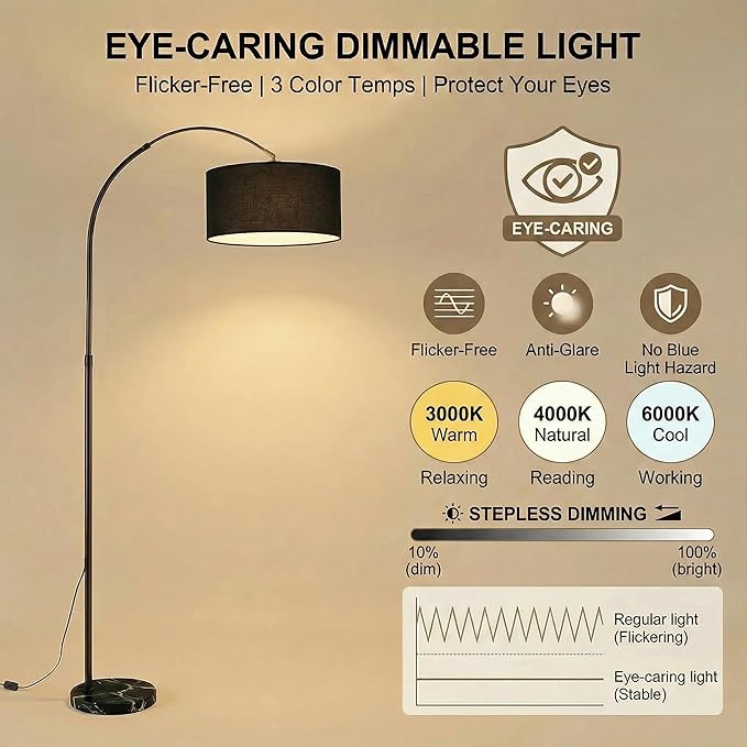 Arc Floor Lamp with Fan Head, Dimmable Floor Lamps with Remote, 3 Color Temperatures Adjustable Standing Lamp, Bright Reading Floor Lamp with Marble Base for Living Room Bedroom