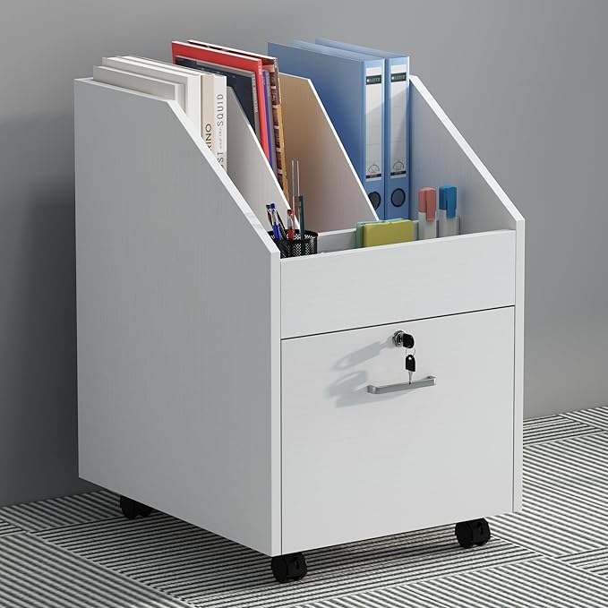 Mobile File Cabinet with Lock,Under Desk Rolling File Cabinets for Home Office,Wood Filing Cabinet (White)