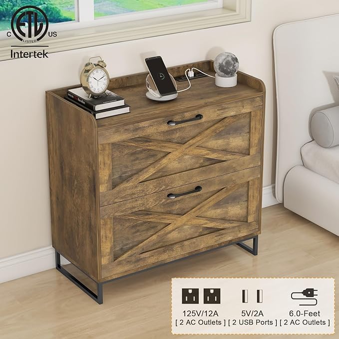 2 Drawer Lateral File Cabinet, Filing Cabinet with Charging Station for Letter/Legal/A4 Size Hanging Files, Modern Farmhouse File Storage Cabinet for Home Office, Printer Stand with Storage, Brown